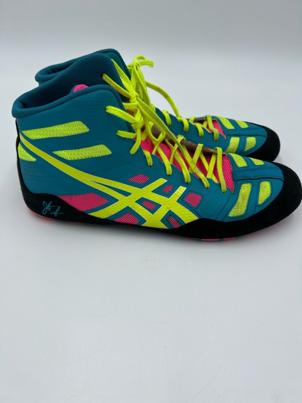 Asics JB Elite Wrestling J3A1Y Shoes Teal Neon Yellow Pink Accents 11 Preowned - Picture 3 of 8